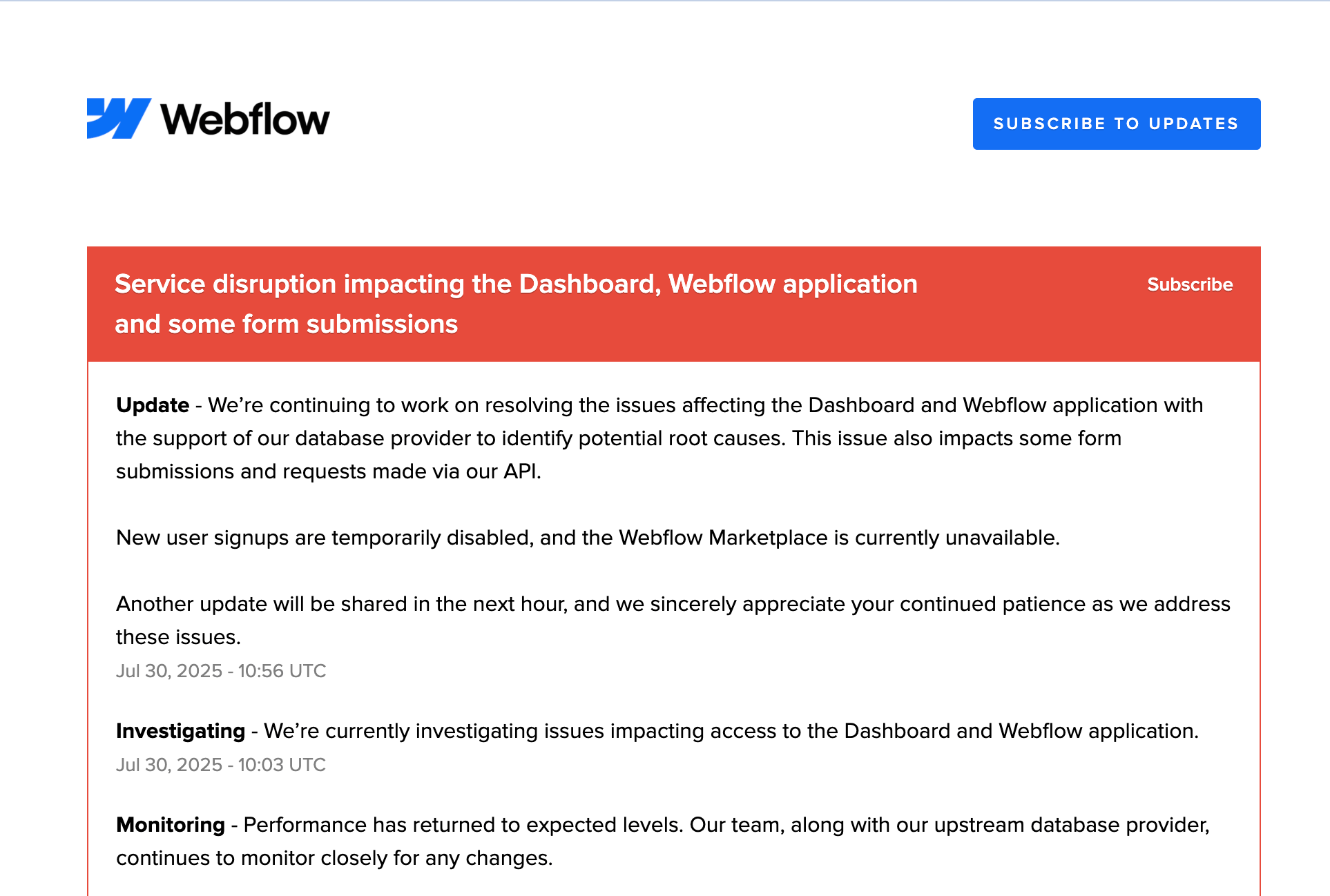 screenshot of webflow status and service down