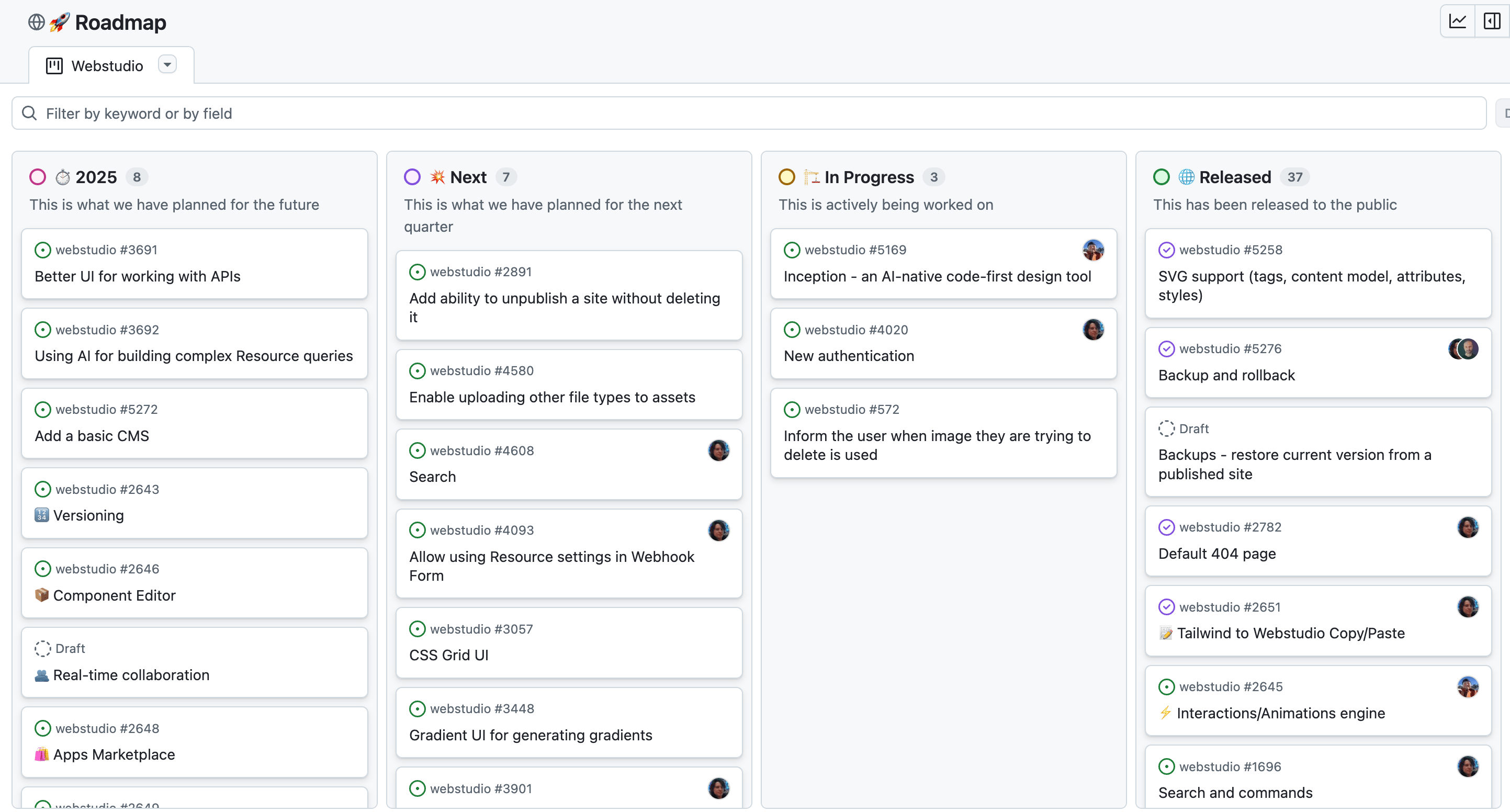 Diagram showing Webstudio's roadmap on Github